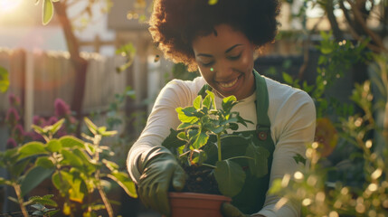 Canvas Print - A smiling person tends to plants in a sunlit garden.