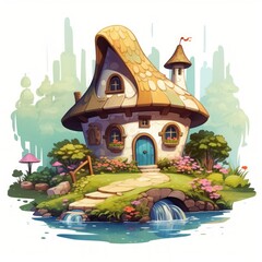 Poster - Generative AI A cozy fairytale house with a rustic water well and a serene countryside setting.