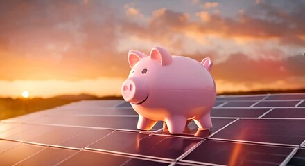 Poster - Piggy bank on top of a solar panel.	
