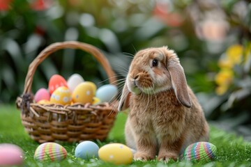 Wall Mural - A brown Easter bunny with long ears sits on the green grass surrounded by colorful eggs in an easter basket, blurred background Generative AI