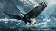 An American Bald Eagle, known for its distinctive white head and massive wingspan, soars gracefully through the sky over a shimmering body of water. The majestic birds sharp talons are poised, ready t