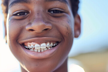 Wall Mural - smiling teenage african boy with braces, close up portrait of black teen, orthodontic treatment, blurred background