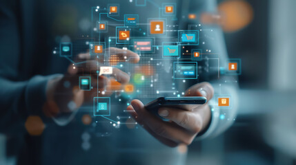 Aufkleber - Individual using a smartphone with dynamic graphic interface for a futuristic digital experience
