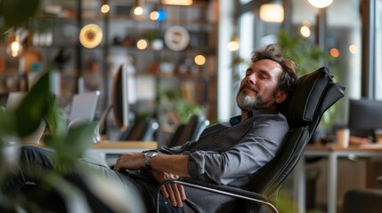 Poster - A man is sitting in a chair with his eyes closed and a smile on his face. He is relaxed and comfortable in his surroundings