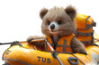 A 3D animated cartoon render of a cute animal driving a water taxi.
