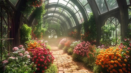 Wall Mural - A tranquil path lined with vibrant flowers inside a sunny, glass-roofed greenhouse, embodying a serene botanical atmosphere.