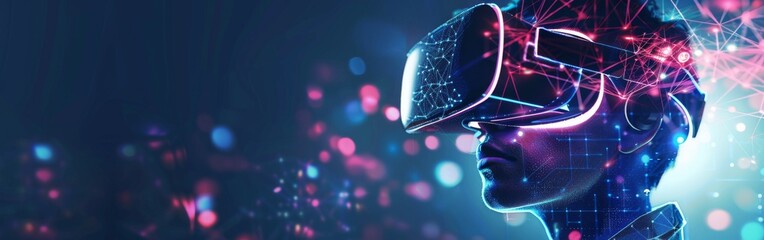 Fototapete - A man immersed in virtual reality, wearing a high-tech headset and interacting with a digital environment.