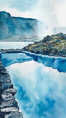 Poster - A painting of a mountain lake with a bridge in the foreground. The mood of the painting is serene and peaceful