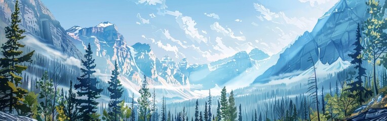 Poster - A beautiful mountain landscape with snow-capped peaks and a clear blue sky. The scene is serene and peaceful, with a sense of calmness and tranquility. The trees are tall and green