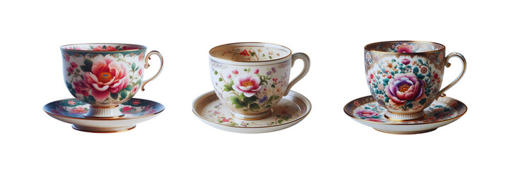 Poster - Set of teacup with a saucer and a flower design, illustration, isolated over on transparent white background