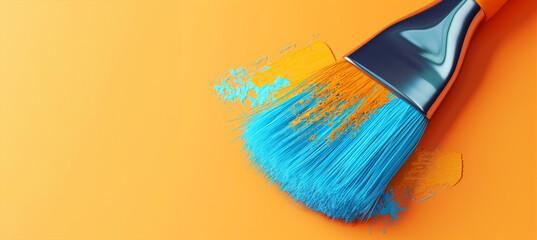 Poster - Two brushes are on a blue plate. The plate is on a brown background. brush and colours. Banner in a Orange background. Copy space
