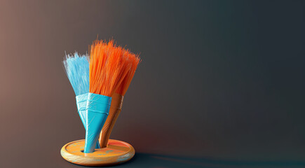Poster - Two brushes are on a blue plate. The plate is on a brown background. brush and colours. Banner in a Orange background. Copy space
