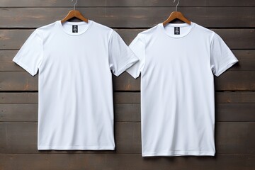 Wall Mural - Plain black t-shirt mockup for front and back view on wooden background