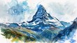 A detailed watercolor painting depicting a snow-covered mountain, likely the Matterhorn. The artist captured the crisp white snow contrasting against the dark rocky mountain face, creating a striking 