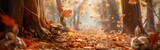Fototapeta  - A forest filled with an abundance of leaves covering the ground, interspersed with various stuffed animals placed among the foliage.