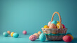Happy Easter Day Poster and Banner Template, colorful Easter eggs, blue background, easter eggs and flowers, rabbit