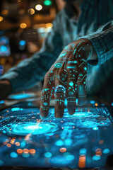 Poster - Focused man engaging with futuristic virtual network interface on a digital tablet