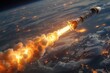A stunning visual of rocket stages separating, captured from earth's low orbit, surrounded by fiery debris and clouds