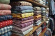 Neatly arranged colorful folded shirts on a store shelf present variety in patterns and an appeal for retail fashion choice