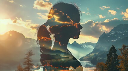 Poster - A woman's silhouette is shown in a beautiful landscape with mountains and a lake. Concept of serenity and tranquility, as the woman's presence is captured in the peaceful surroundings