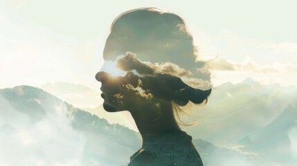 Poster - A close-up of a womans face with billowing clouds in the background, creating a striking double exposure effect. The womans features are prominently displayed, with her eyes gazing directly at the vie
