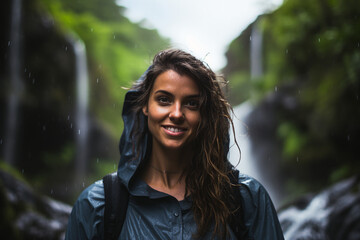 Canvas Print - Generative AI picture of cheerful cute girl exploring tropical exotic forest