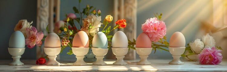 Wall Mural - easter eggs in porcelain cups on the table in sun light with fresh flowers