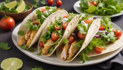 Wall Mural - Chicken tacos with salad leaves and tomatoes