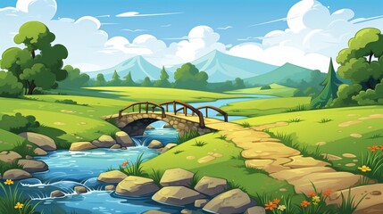 Poster - Generative AI A picturesque countryside scene with a small bridge over a stream.