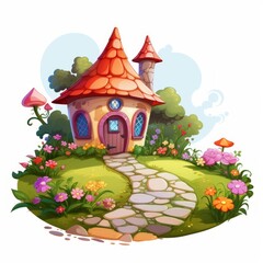 Poster - Generative AI A picturesque small house with a colorful flower bed and a winding stone pathway.