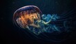 Illustrative background featuring a jellyfish swimming in the ocean, with light filtering through the water to create volumetric rays. Captures the beauty and danger of the jellyfish. AI Integration.
