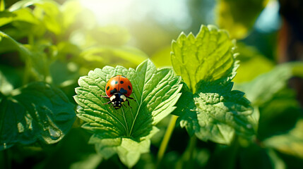 Wall Mural - ladybug on green leaf