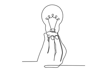 Wall Mural - one line continuous painted woman with a light bulb, a man with a light bulb, a doctor with a lightbulb painted by hand picture silhouette. Line art. character woman male doctor, hand holding light bu