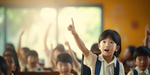 Poster - Asian Children in Classroom Raising Hands Generative AI