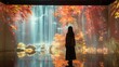 An individual stands transfixed by a stunning digital projection of an autumnal forest and waterfall, creating an immersive visual art experience.