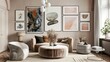 Sleek Monochromatic Living Room Setup with Velvet Ottoman, Gallery Wall, Top Angle