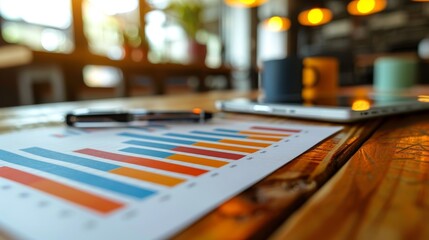 Poster - Focused shot on a bar chart with blurred office setting background, highlighting data analysis and reporting.