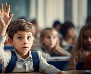 Poster - Caucasian Young Boy Raising Hand in Classroom Generative AI