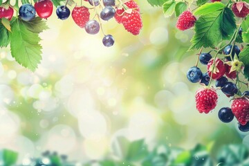 Wall Mural - Fresh berries fruit background, copy space