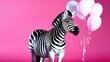 Zebra on a background of colorful balloons, birthday, party concept, zebra with balloons on a pink background