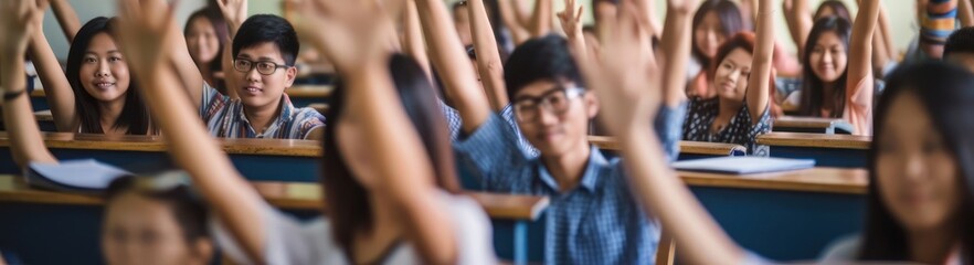Poster - Classroom Full of Asian Students Raising Hands Generative AI
