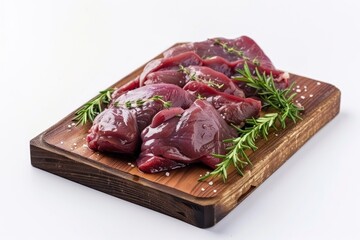 raw Quail meat lies on a wooden board Isolated on white background