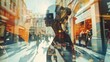 A double exposure showcasing a womans face superimposed onto a city street scene. The womans features blend with the urban environment, creating a unique and striking visual effect.