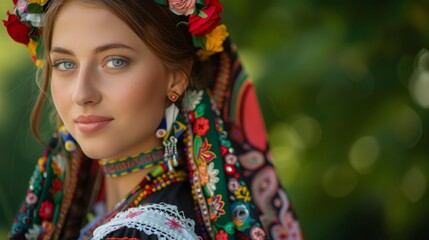 Portrait of a lady in colorful folk art costume.