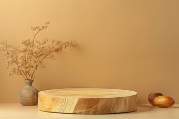 Poster - Wooden podium on beige background for product presentation
