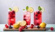 Home made raspberry and lemon lemonades served with different berries, mint, lemons and sparking water, decorated with ice