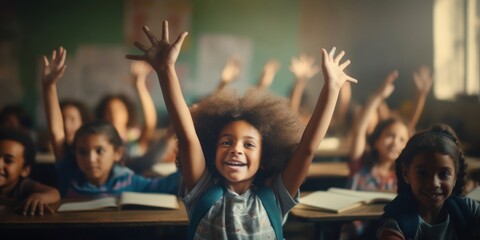 Poster - Black Group of Children Sitting at Desks in a Classroom Generative AI