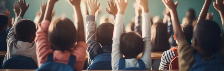 Poster - Group of Children Raising Hands in Classroom Generative AI