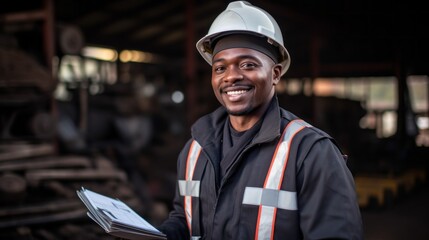 Poster - A man wearing a hard hat and safety vest is smiling and holding a clipboard