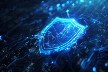 Poster - A blue shield symbol glowing on a dark technology background